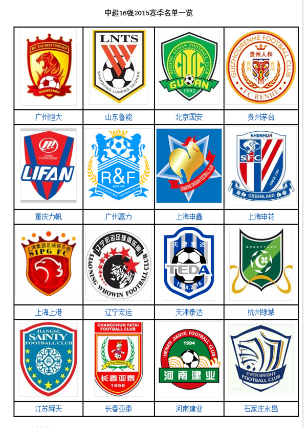 2015赛季中超联赛 16强名单一览