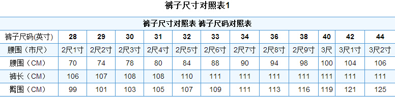 最新短裤尺码表