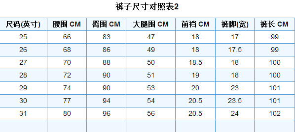 最新短裤尺码表